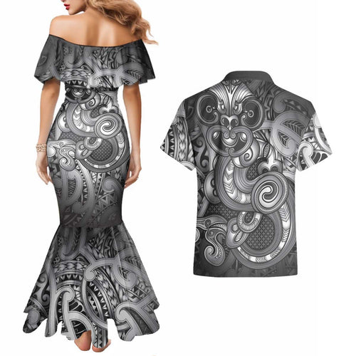 Aotearoa Maori Hei Tiki Couples Matching Mermaid Dress and Hawaiian Shirt Kiwikiwi Kowhaiwhai Puhoro Motif
