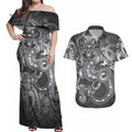 Aotearoa Maori Hei Tiki Couples Matching Off Shoulder Maxi Dress and Hawaiian Shirt Kiwikiwi Kowhaiwhai Puhoro Motif
