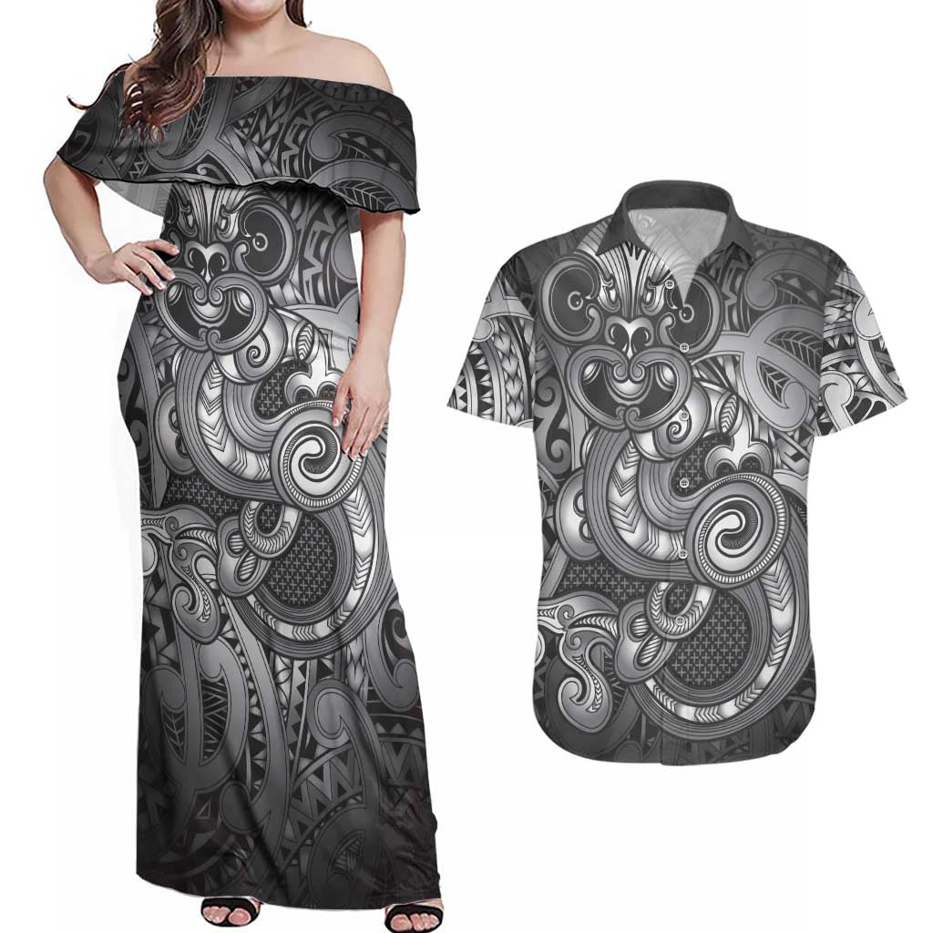 Aotearoa Maori Hei Tiki Couples Matching Off Shoulder Maxi Dress and Hawaiian Shirt Kiwikiwi Kowhaiwhai Puhoro Motif