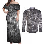 Aotearoa Maori Hei Tiki Couples Matching Off Shoulder Maxi Dress and Long Sleeve Button Shirt Kiwikiwi Kowhaiwhai Puhoro Motif
