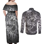 Aotearoa Maori Hei Tiki Couples Matching Off Shoulder Maxi Dress and Long Sleeve Button Shirt Kiwikiwi Kowhaiwhai Puhoro Motif