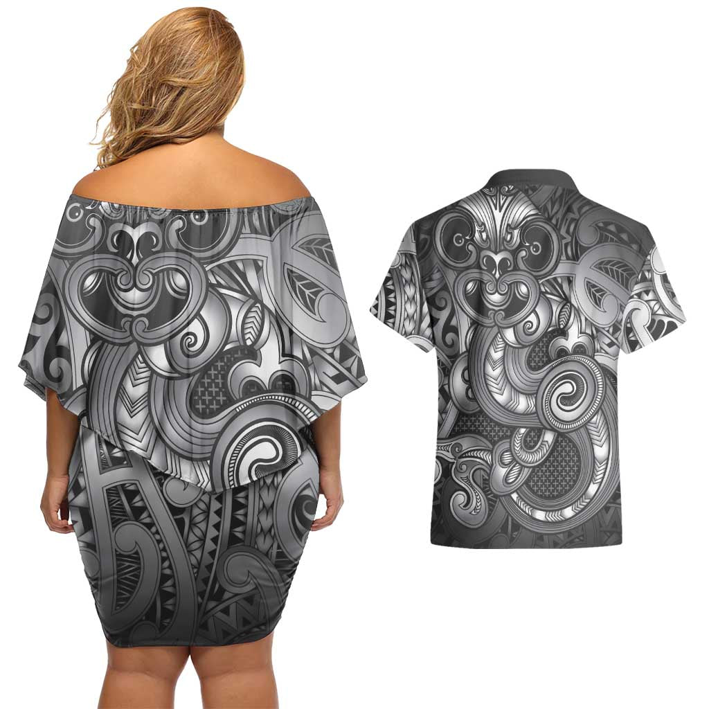 Aotearoa Maori Hei Tiki Couples Matching Off Shoulder Short Dress and Hawaiian Shirt Kiwikiwi Kowhaiwhai Puhoro Motif