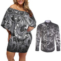 Aotearoa Maori Hei Tiki Couples Matching Off Shoulder Short Dress and Long Sleeve Button Shirt Kiwikiwi Kowhaiwhai Puhoro Motif