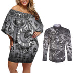 Aotearoa Maori Hei Tiki Couples Matching Off Shoulder Short Dress and Long Sleeve Button Shirt Kiwikiwi Kowhaiwhai Puhoro Motif