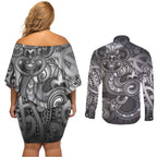Aotearoa Maori Hei Tiki Couples Matching Off Shoulder Short Dress and Long Sleeve Button Shirt Kiwikiwi Kowhaiwhai Puhoro Motif