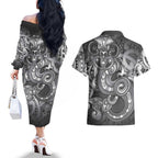 Aotearoa Maori Hei Tiki Couples Matching Off The Shoulder Long Sleeve Dress and Hawaiian Shirt Kiwikiwi Kowhaiwhai Puhoro Motif