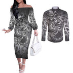 Aotearoa Maori Hei Tiki Couples Matching Off The Shoulder Long Sleeve Dress and Long Sleeve Button Shirt Kiwikiwi Kowhaiwhai Puhoro Motif