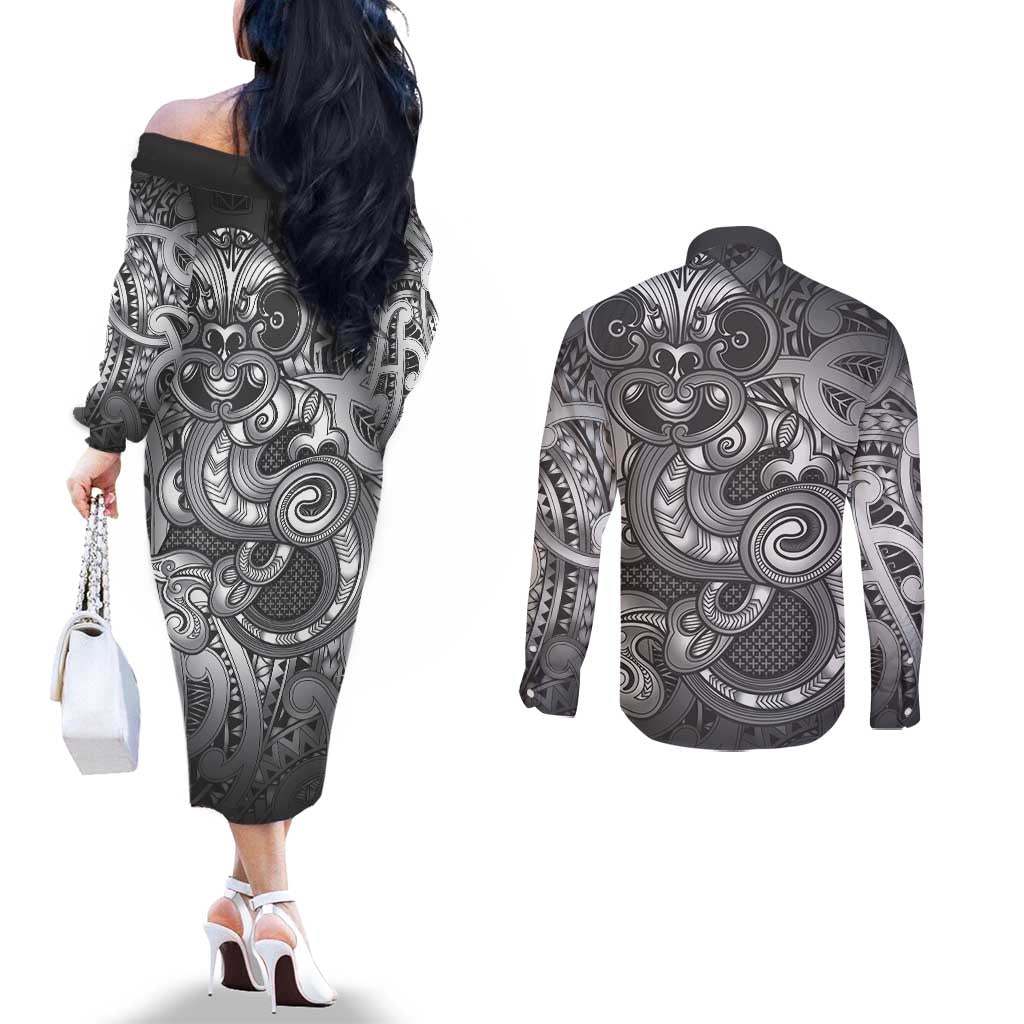 Aotearoa Maori Hei Tiki Couples Matching Off The Shoulder Long Sleeve Dress and Long Sleeve Button Shirt Kiwikiwi Kowhaiwhai Puhoro Motif