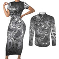 Aotearoa Maori Hei Tiki Couples Matching Short Sleeve Bodycon Dress and Long Sleeve Button Shirt Kiwikiwi Kowhaiwhai Puhoro Motif