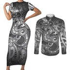 Aotearoa Maori Hei Tiki Couples Matching Short Sleeve Bodycon Dress and Long Sleeve Button Shirt Kiwikiwi Kowhaiwhai Puhoro Motif