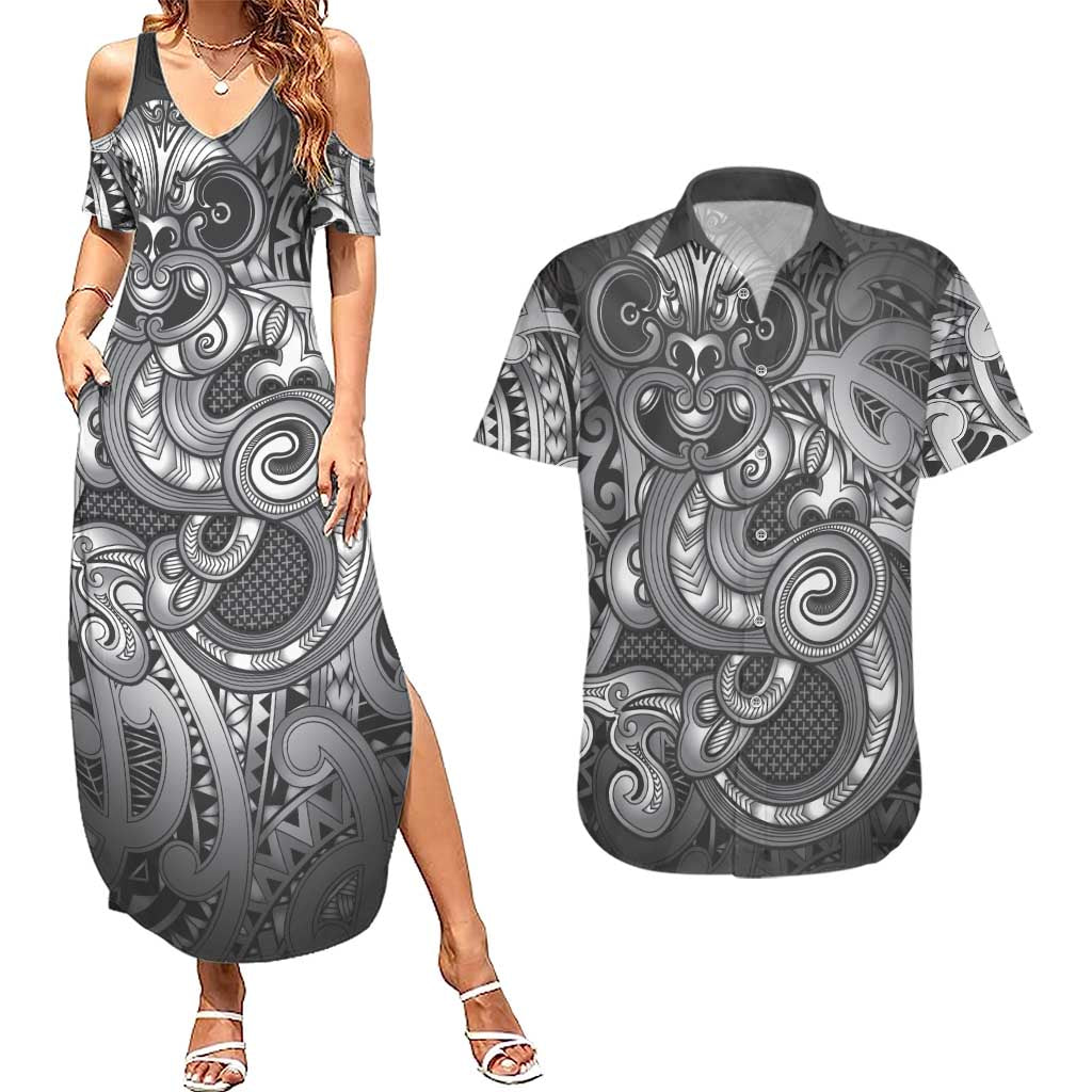Aotearoa Maori Hei Tiki Couples Matching Summer Maxi Dress and Hawaiian Shirt Kiwikiwi Kowhaiwhai Puhoro Motif
