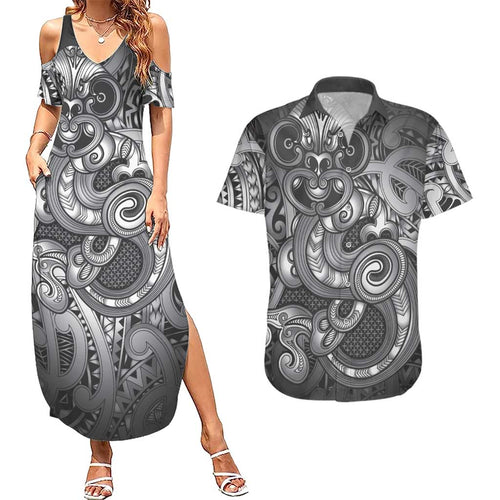 Aotearoa Maori Hei Tiki Couples Matching Summer Maxi Dress and Hawaiian Shirt Kiwikiwi Kowhaiwhai Puhoro Motif