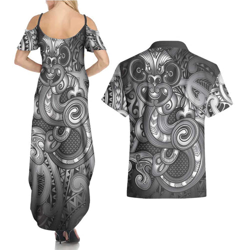 Aotearoa Maori Hei Tiki Couples Matching Summer Maxi Dress and Hawaiian Shirt Kiwikiwi Kowhaiwhai Puhoro Motif