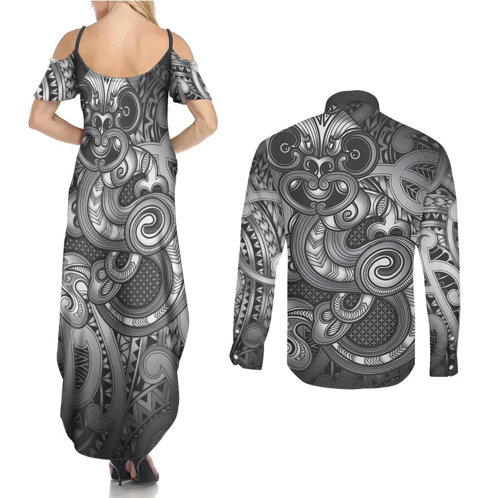 Aotearoa Maori Hei Tiki Couples Matching Summer Maxi Dress and Long Sleeve Button Shirt Kiwikiwi Kowhaiwhai Puhoro Motif