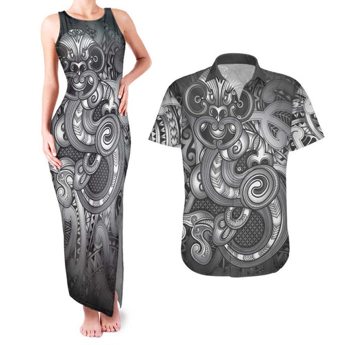 Aotearoa Maori Hei Tiki Couples Matching Tank Maxi Dress and Hawaiian Shirt Kiwikiwi Kowhaiwhai Puhoro Motif