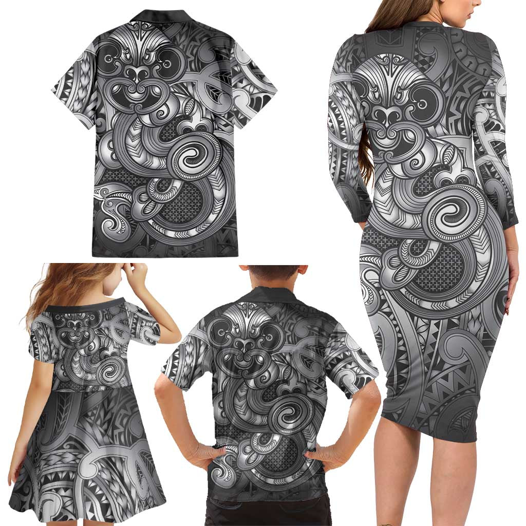 Aotearoa Maori Hei Tiki Family Matching Long Sleeve Bodycon Dress and Hawaiian Shirt Kiwikiwi Kowhaiwhai Puhoro Motif