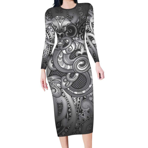 Aotearoa Maori Hei Tiki Family Matching Long Sleeve Bodycon Dress and Hawaiian Shirt Kiwikiwi Kowhaiwhai Puhoro Motif