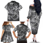 Aotearoa Maori Hei Tiki Family Matching Off The Shoulder Long Sleeve Dress and Hawaiian Shirt Kiwikiwi Kowhaiwhai Puhoro Motif