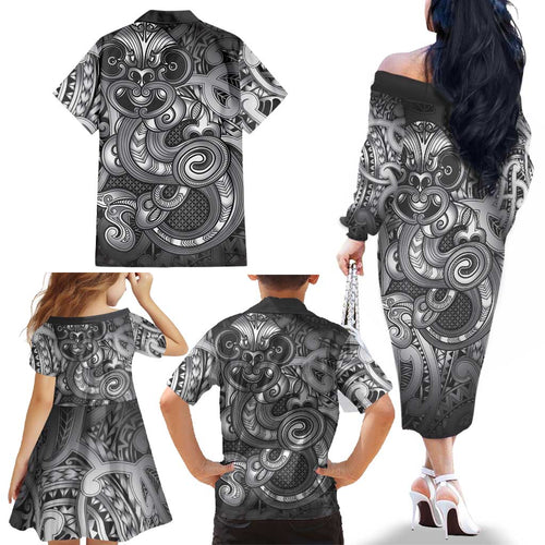 Aotearoa Maori Hei Tiki Family Matching Off The Shoulder Long Sleeve Dress and Hawaiian Shirt Kiwikiwi Kowhaiwhai Puhoro Motif
