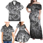 Aotearoa Maori Hei Tiki Family Matching Off Shoulder Maxi Dress and Hawaiian Shirt Kiwikiwi Kowhaiwhai Puhoro Motif