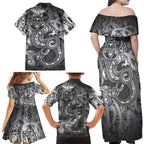 Aotearoa Maori Hei Tiki Family Matching Off Shoulder Maxi Dress and Hawaiian Shirt Kiwikiwi Kowhaiwhai Puhoro Motif