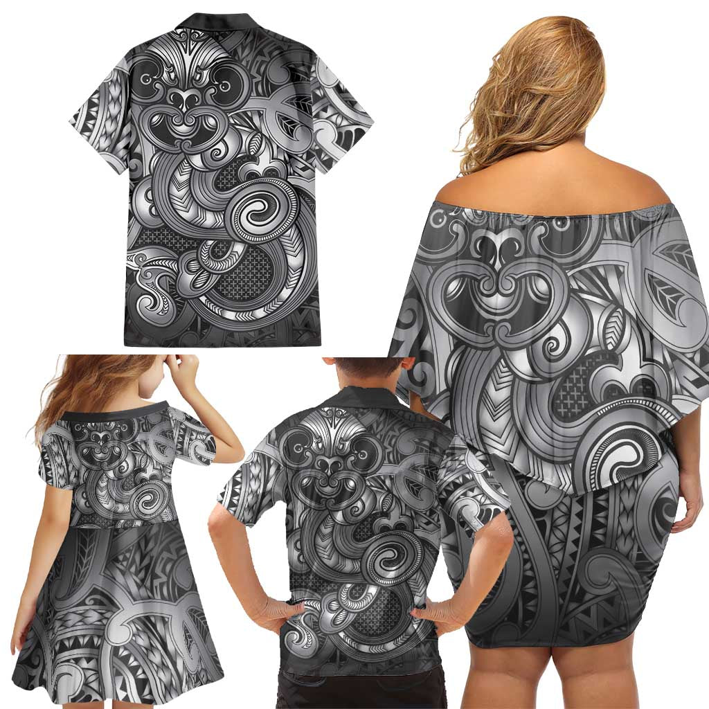 Aotearoa Maori Hei Tiki Family Matching Off Shoulder Short Dress and Hawaiian Shirt Kiwikiwi Kowhaiwhai Puhoro Motif