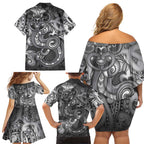 Aotearoa Maori Hei Tiki Family Matching Off Shoulder Short Dress and Hawaiian Shirt Kiwikiwi Kowhaiwhai Puhoro Motif