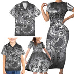 Aotearoa Maori Hei Tiki Family Matching Short Sleeve Bodycon Dress and Hawaiian Shirt Kiwikiwi Kowhaiwhai Puhoro Motif