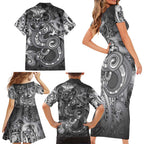 Aotearoa Maori Hei Tiki Family Matching Short Sleeve Bodycon Dress and Hawaiian Shirt Kiwikiwi Kowhaiwhai Puhoro Motif