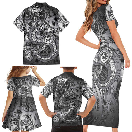 Aotearoa Maori Hei Tiki Family Matching Short Sleeve Bodycon Dress and Hawaiian Shirt Kiwikiwi Kowhaiwhai Puhoro Motif