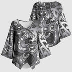 Aotearoa Maori Hei Tiki Kimono Sleeve Blouse Kiwikiwi Kowhaiwhai Puhoro Motif