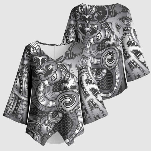Aotearoa Maori Hei Tiki Kimono Sleeve Blouse Kiwikiwi Kowhaiwhai Puhoro Motif