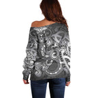 Aotearoa Maori Hei Tiki Off Shoulder Sweater Kiwikiwi Kowhaiwhai Puhoro Motif