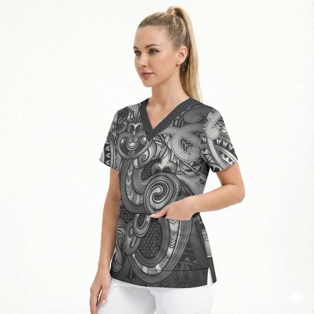 Aotearoa Maori Hei Tiki Scrub Top Kiwikiwi Kowhaiwhai Puhoro Motif