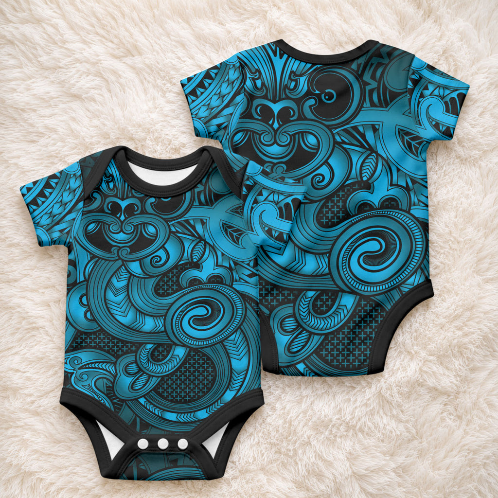 Aotearoa Maori Hei Tiki Baby Onesie Kikorangi Kowhaiwhai Puhoro Motif