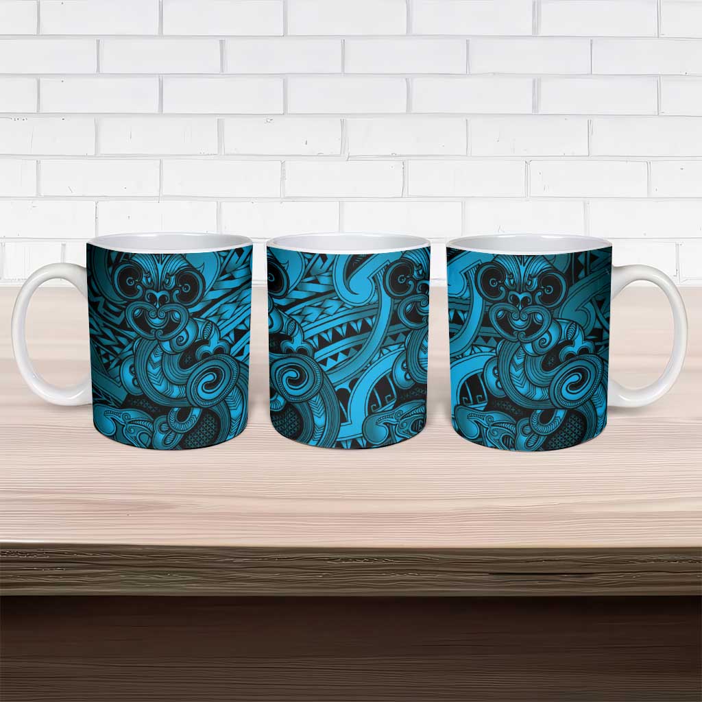 Aotearoa Maori Hei Tiki Ceramic Mug Kikorangi Kowhaiwhai Puhoro Motif