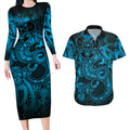 Aotearoa Maori Hei Tiki Couples Matching Long Sleeve Bodycon Dress and Hawaiian Shirt Kikorangi Kowhaiwhai Puhoro Motif