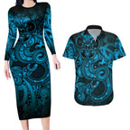 Aotearoa Maori Hei Tiki Couples Matching Long Sleeve Bodycon Dress and Hawaiian Shirt Kikorangi Kowhaiwhai Puhoro Motif