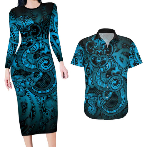 Aotearoa Maori Hei Tiki Couples Matching Long Sleeve Bodycon Dress and Hawaiian Shirt Kikorangi Kowhaiwhai Puhoro Motif