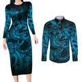 Aotearoa Maori Hei Tiki Couples Matching Long Sleeve Bodycon Dress and Long Sleeve Button Shirt Kikorangi Kowhaiwhai Puhoro Motif