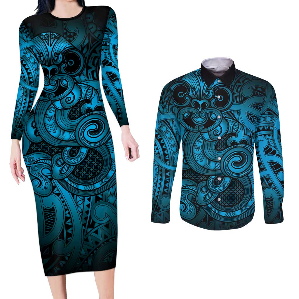 Aotearoa Maori Hei Tiki Couples Matching Long Sleeve Bodycon Dress and Long Sleeve Button Shirt Kikorangi Kowhaiwhai Puhoro Motif