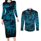 Aotearoa Maori Hei Tiki Couples Matching Long Sleeve Bodycon Dress and Long Sleeve Button Shirt Kikorangi Kowhaiwhai Puhoro Motif