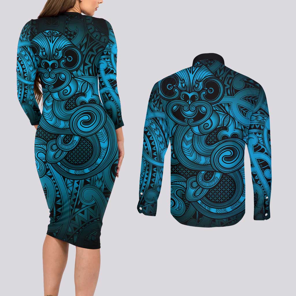 Aotearoa Maori Hei Tiki Couples Matching Long Sleeve Bodycon Dress and Long Sleeve Button Shirt Kikorangi Kowhaiwhai Puhoro Motif