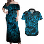 Aotearoa Maori Hei Tiki Couples Matching Off Shoulder Maxi Dress and Hawaiian Shirt Kikorangi Kowhaiwhai Puhoro Motif