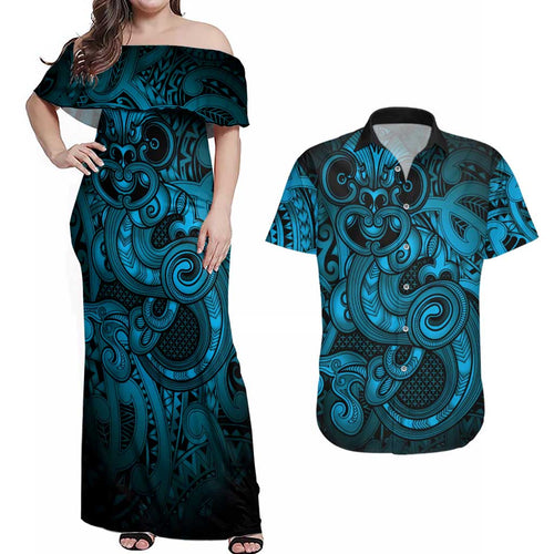 Aotearoa Maori Hei Tiki Couples Matching Off Shoulder Maxi Dress and Hawaiian Shirt Kikorangi Kowhaiwhai Puhoro Motif