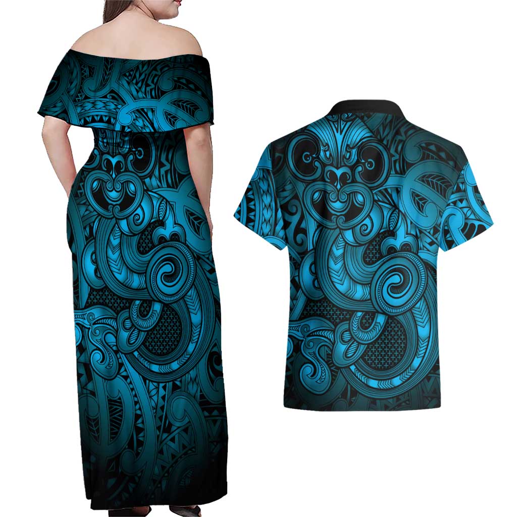 Aotearoa Maori Hei Tiki Couples Matching Off Shoulder Maxi Dress and Hawaiian Shirt Kikorangi Kowhaiwhai Puhoro Motif