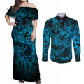 Aotearoa Maori Hei Tiki Couples Matching Off Shoulder Maxi Dress and Long Sleeve Button Shirt Kikorangi Kowhaiwhai Puhoro Motif