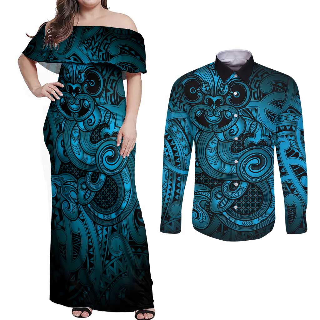 Aotearoa Maori Hei Tiki Couples Matching Off Shoulder Maxi Dress and Long Sleeve Button Shirt Kikorangi Kowhaiwhai Puhoro Motif