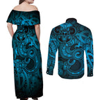 Aotearoa Maori Hei Tiki Couples Matching Off Shoulder Maxi Dress and Long Sleeve Button Shirt Kikorangi Kowhaiwhai Puhoro Motif
