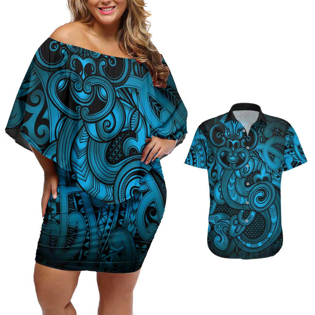 Aotearoa Maori Hei Tiki Couples Matching Off Shoulder Short Dress and Hawaiian Shirt Kikorangi Kowhaiwhai Puhoro Motif